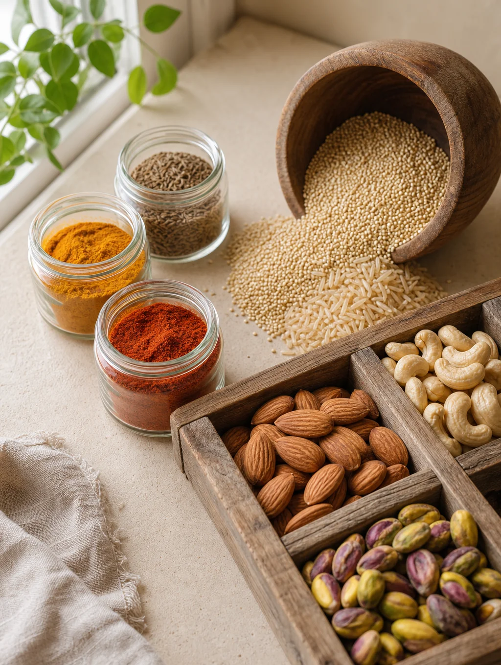 Artisanal pantry goods arranged on a clean kitchen surface